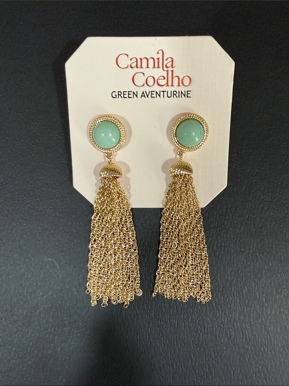 Camila Coelho Gold Tassel Earrings with Green Aventurine Cabochons